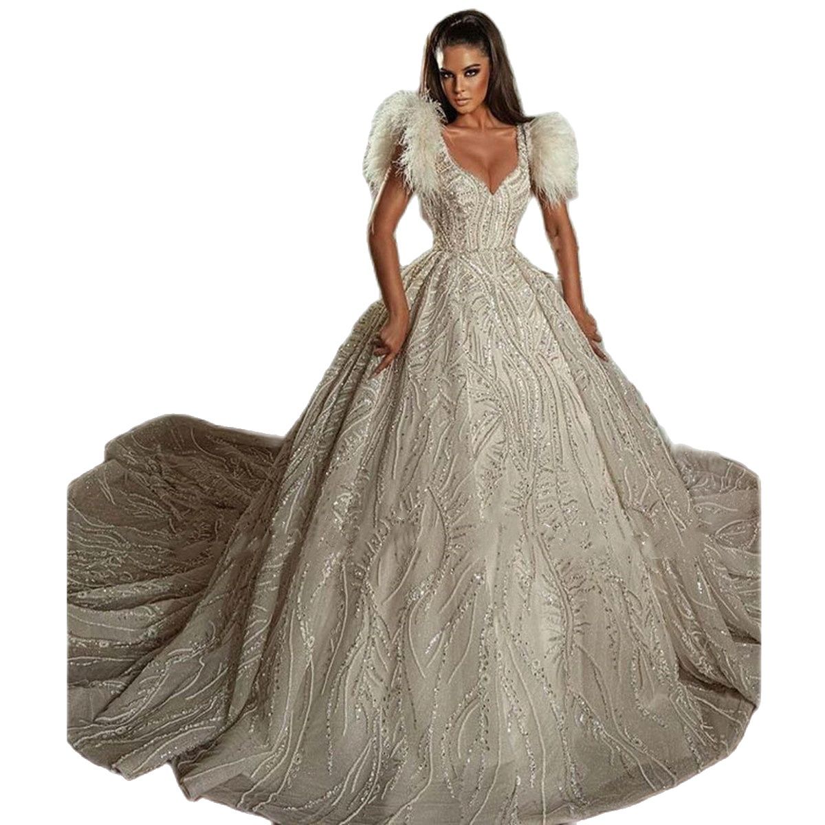 Luxurious Weddding Dresses Ball Gown Puffy Tulle Crystal Beaded V Neck Sequins Feather Sleeves Women Formal Bride Gowns