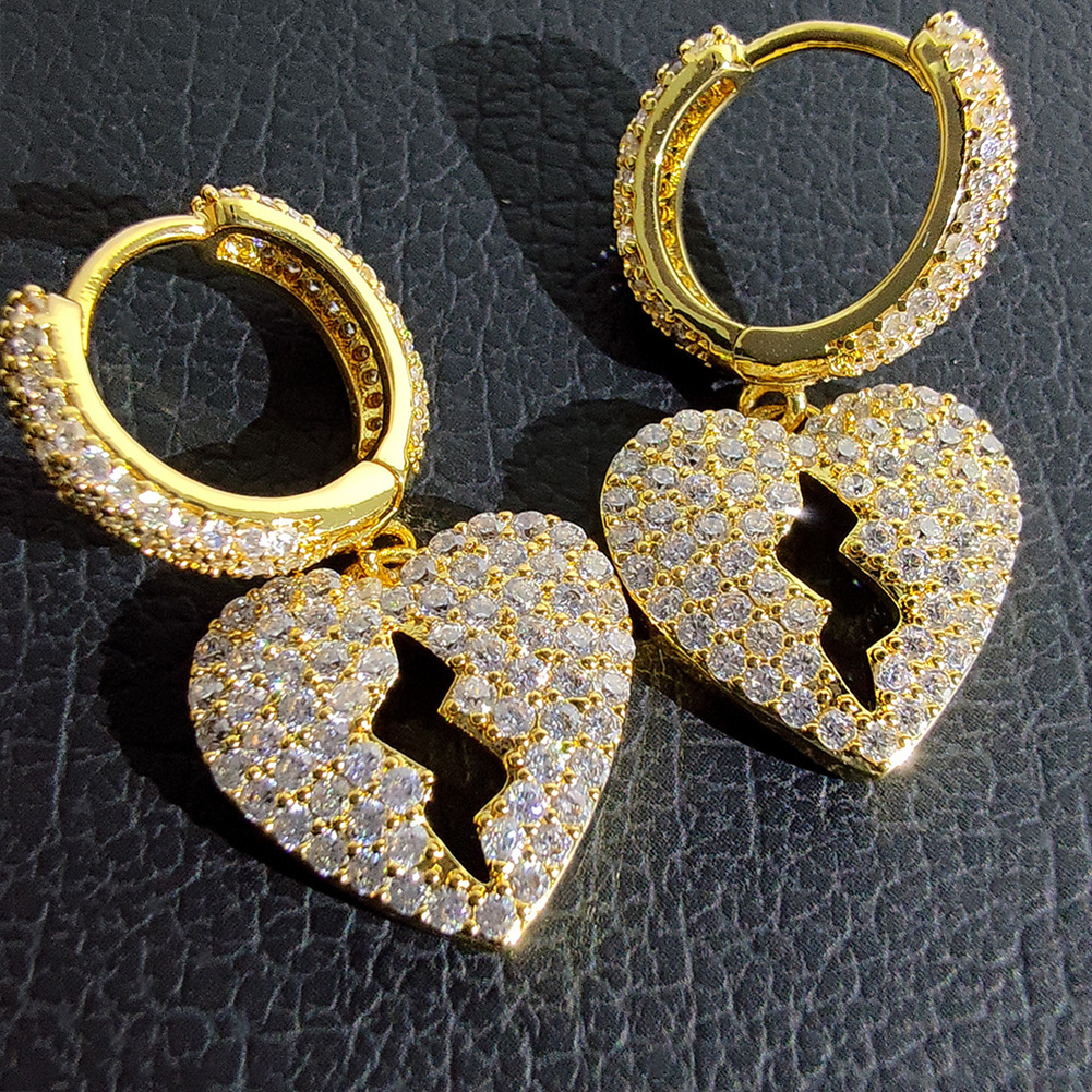 Hip Hop Heartbreak Dangle Earrings Bling White Zircon Hoop Earrings 18K Real Gold Plated Jewelry