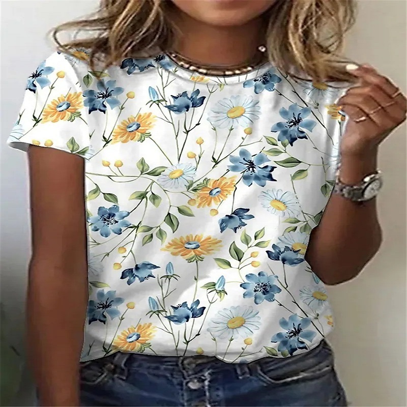 Womens 3D Dandelion Print Floral Themed Round Neck TShirt Fashion Polyester Tops 220527