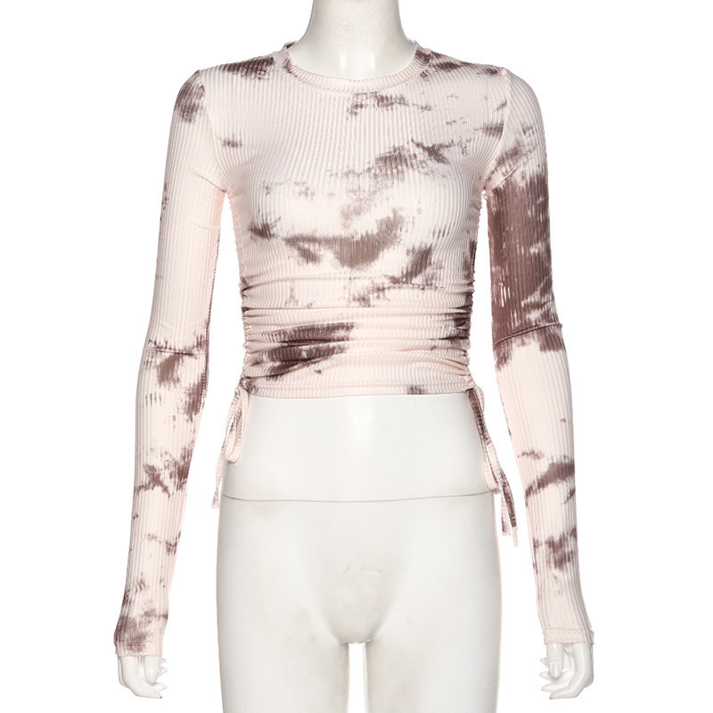 Tie Dye Print Ribbed Women T Shirt Crop Top Bandage Long Sleeve Sexy Streetwear Summer Clothes Drawstring 220714