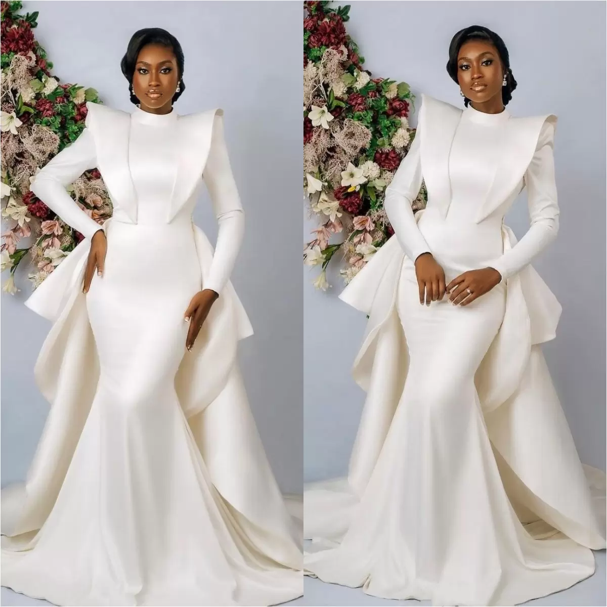 Wedding Gorgeous Mermaid Dresses Bridal Gown Satin with Overskirt Sweep Train High Neck Long Sleeves Ruffles Custom Made Garden Plus Size Vestido De N