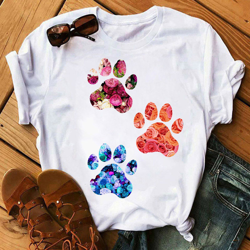 Women T Shirt Cartoon Tops Colorful Heart Dog Paw Print Tshirt Female Summer Tshirt 90s Girls Short Sleeve Tee Black Tshirts 220527