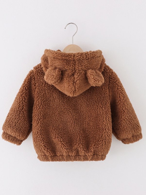 Toddler Boys 3D Ear Zip Up Pocket Front Hooded Flannel Jacket SHE