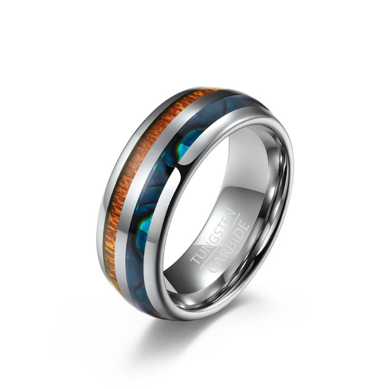Wedding Rings Wholesale Hand Jewelry Layer Arc Shape Tungsten Steel Carbide Inlay Wood Opal Colorful Shell 8mm Men And Women RingWedding