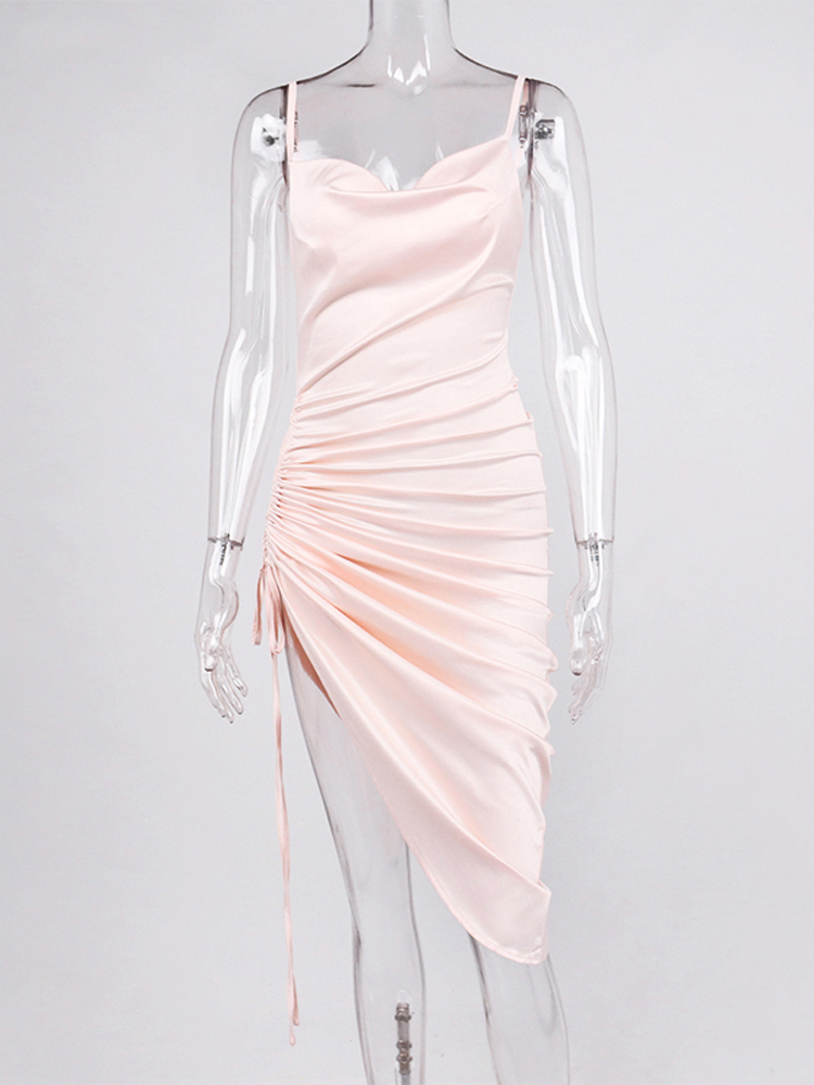 Asia Drawstring Satin Dress Ruched Spaghetti Strap Swinging Collar Black Asymmetrical Long Dresses for Women Party Sexy Robe 220511