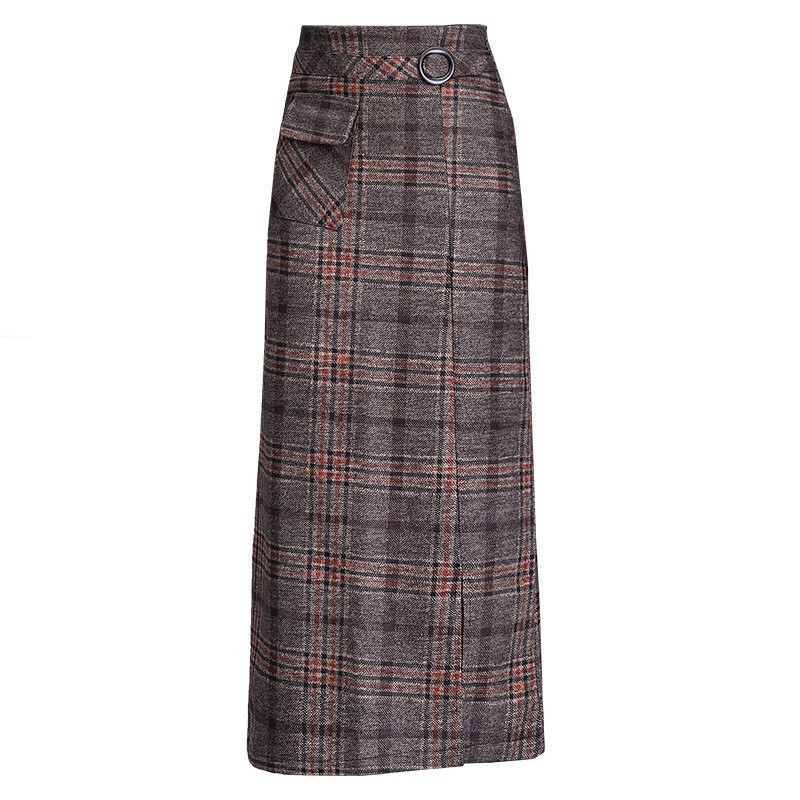 Elegant Retro Female Hight Waist Woolen Long Plaid Skirt Women Casual Straight Vintage Fashion Maxi Jupe Longue Femme Slim 220317
