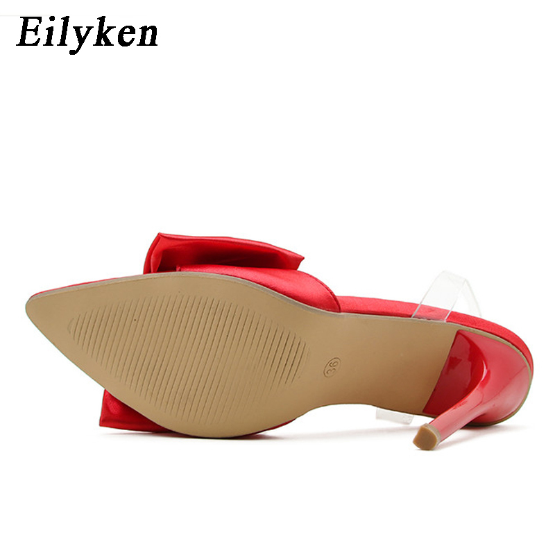 Eilyken Silk Butterfly-knot Women Mule high heels Slippers Sandals Pointed toe Strappy Slides Party shoes size 35-42 220406
