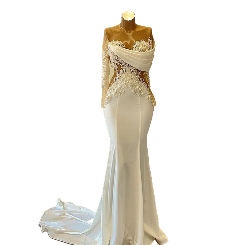 Elegant Pearls Beaded Mermaid Evening Dresses Illusion Long Sleeves Ivory Prom Pageant Dress African Women Trumpet Formal Event Gowns Robe De Soriee 2
