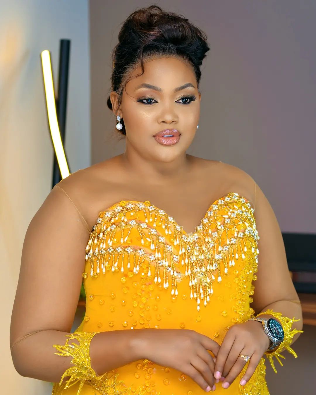 plus size arabic aso ebi yellow luxurious sparkly prom dresses beaded crystals evening formal party second reception birthday engagement gowns dress z