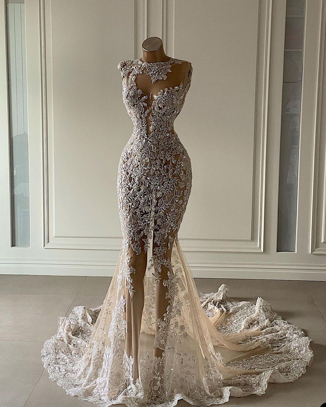 See Through Mermaid Wedding Dresses Jewel Neck 3D Floral Lace Appliques African Bridal Gowns Robe de mariée