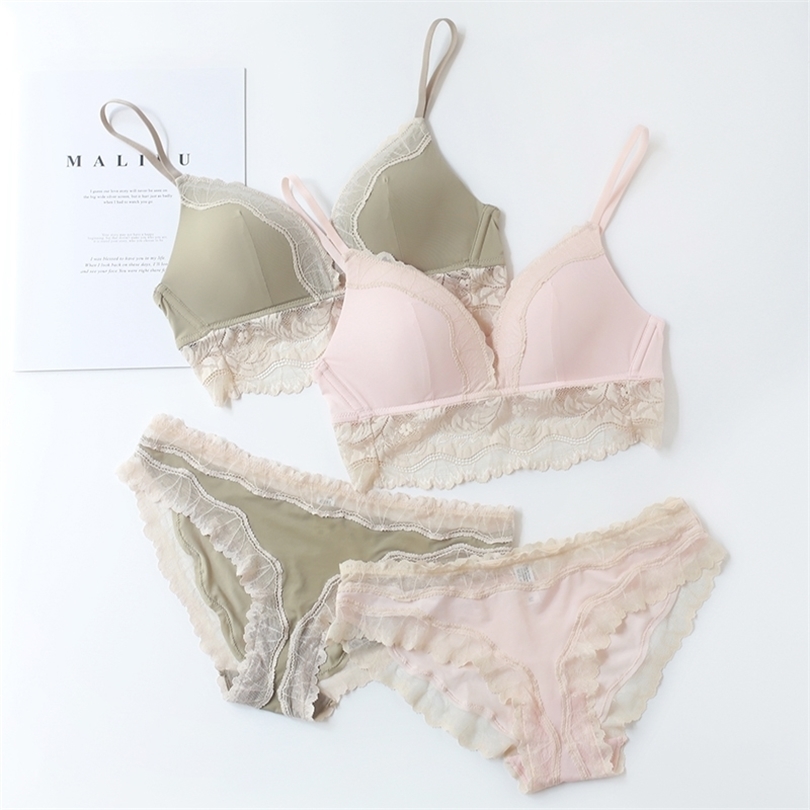 Munllure Sexy underwear women's suit Teenage cotton cup without steel ring lace bra comfortable breathable empty bra set T200602