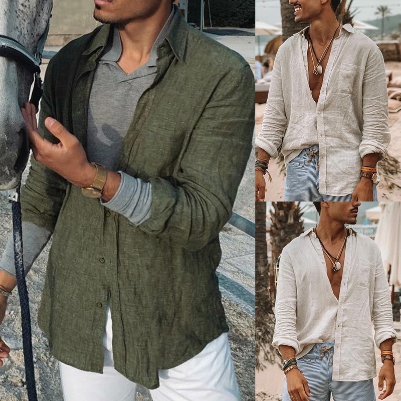 Vintage Cotton Linen Shirt Men Casual Long Sleeve Oversize Tops V Neck Boho Style Mens Shirts Men's Breathable T-shirt Plus Size 220322