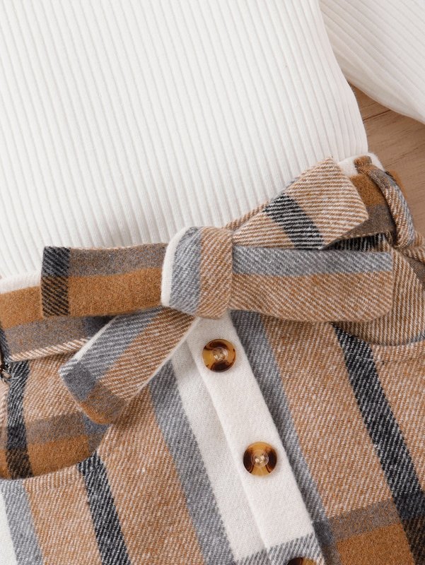 Toddler Girls Ruffle Trim Tee & Plaid Print Belted Skirt SHE