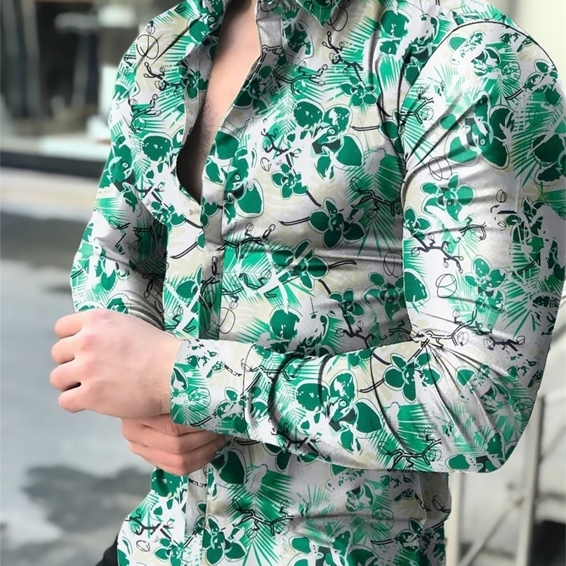 Camisas florales de manga larga Otoño para hombres camisas estampadas con flores corte lgado cam 220322