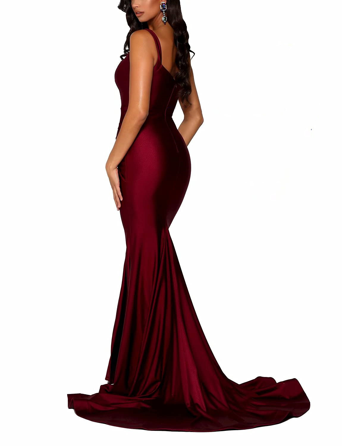 V Neck Mermaid Bridesmaid Dresses Long Satin Slit Formal Prom Evening Gowns Wedding Guest Dresses for Women