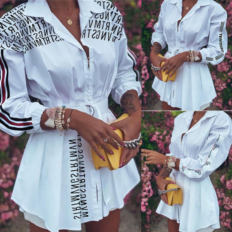 Women's Spring Dresses Autumn Letter Printed Shirts Lantern Sleeves Stitching Pleated Zipper Dress Blouse C260312