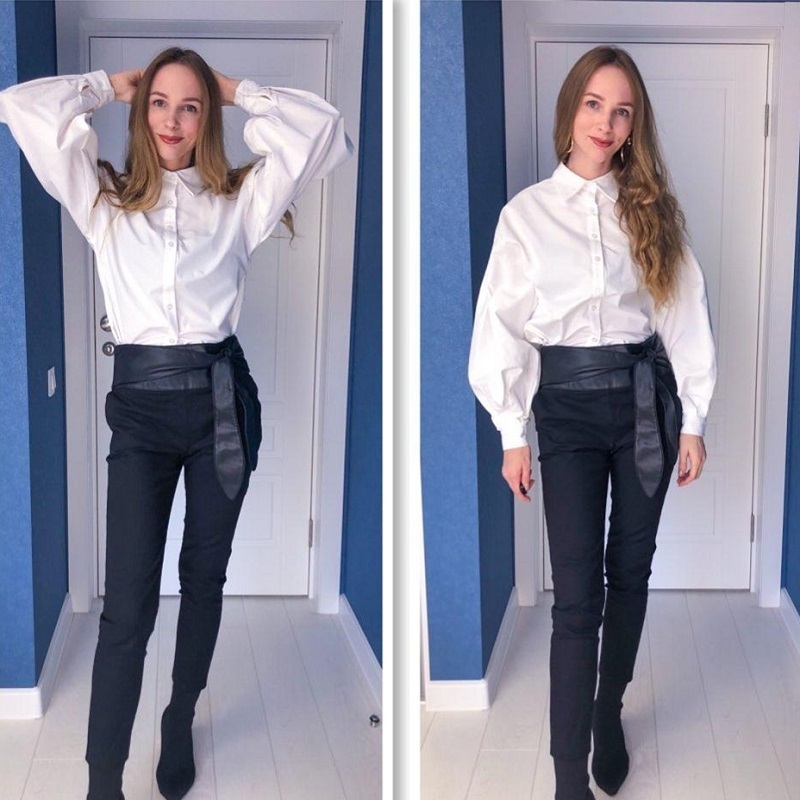 Ladies Lantern Sleeve Elegant Blouse Shirt Women White Black Casual Button Vintage Turn Down Collar Office Lady Shirt Female 220407