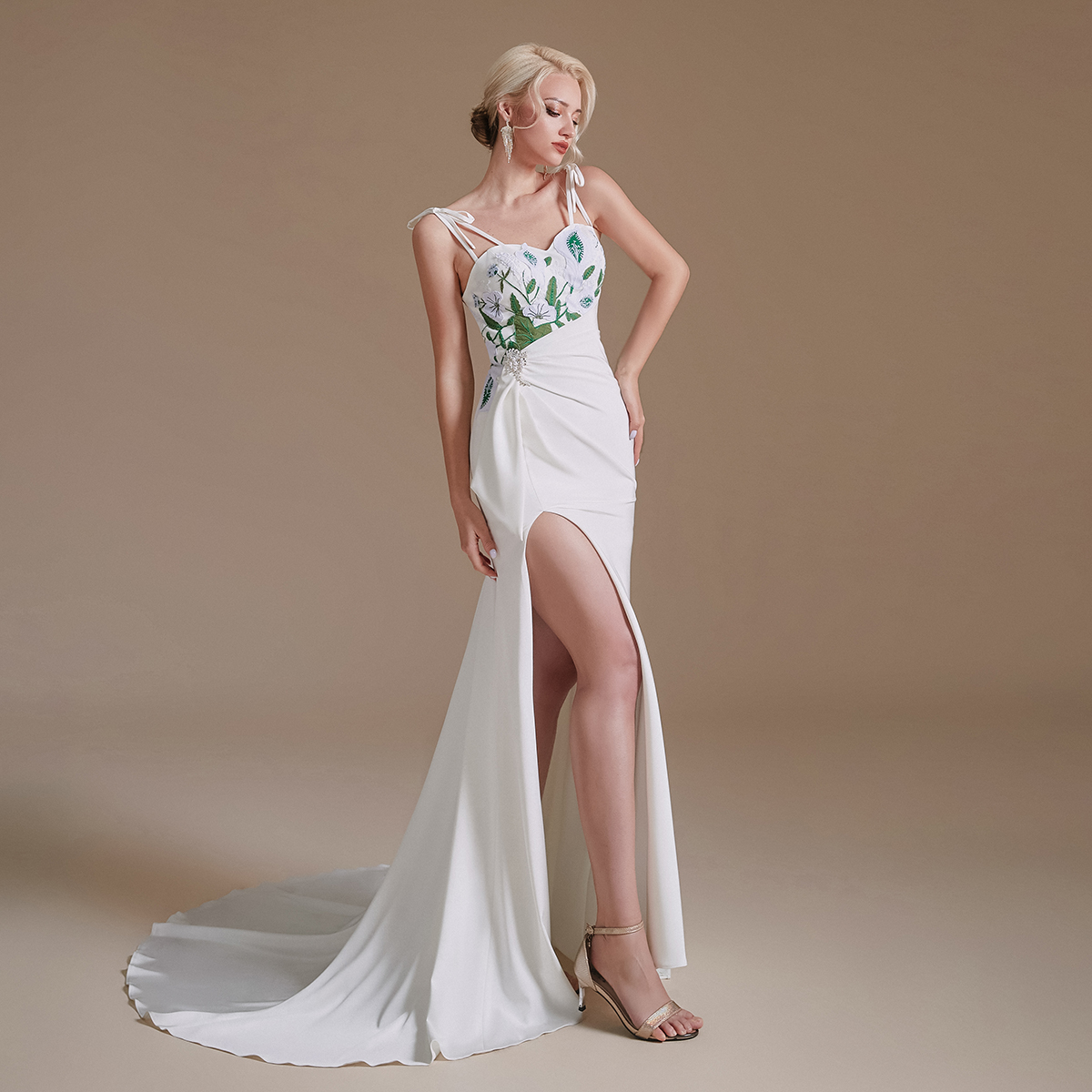 New Spaghetti Straps Mermaid Beach Wedding Dresses Embroidery Beaded High Split Summer Boho Sweep Train Bridal Gowns vestidos de novia Wedding Dress C