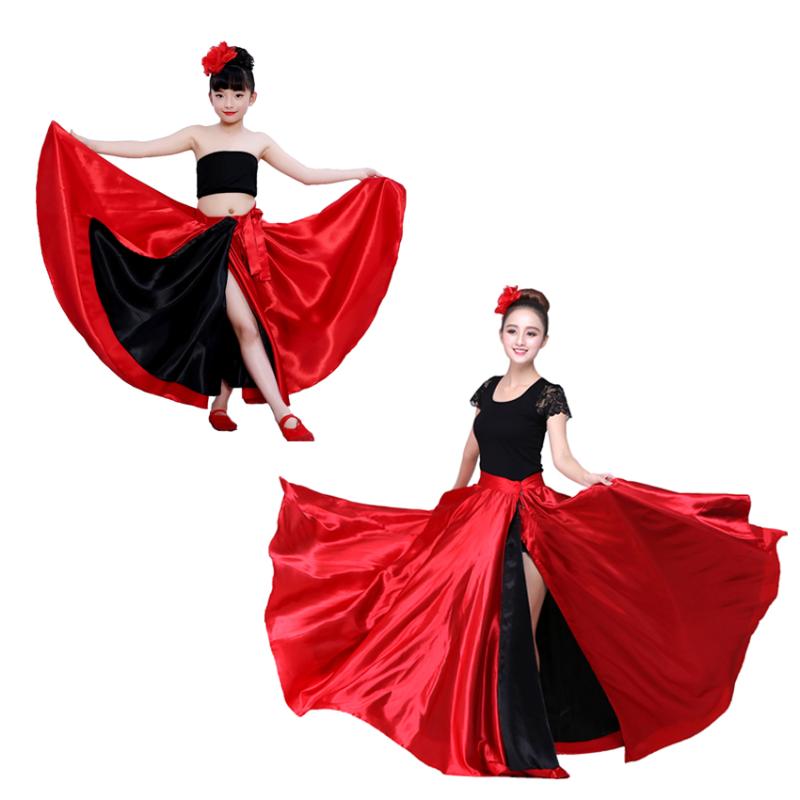 

Stage Wear 360-720 Degree Red Black Satin Solid Spanish Flamenco Skirt Lace Up Female Dance Costumes Girls Ballroom Mother Daughter Dress, Kid one tops