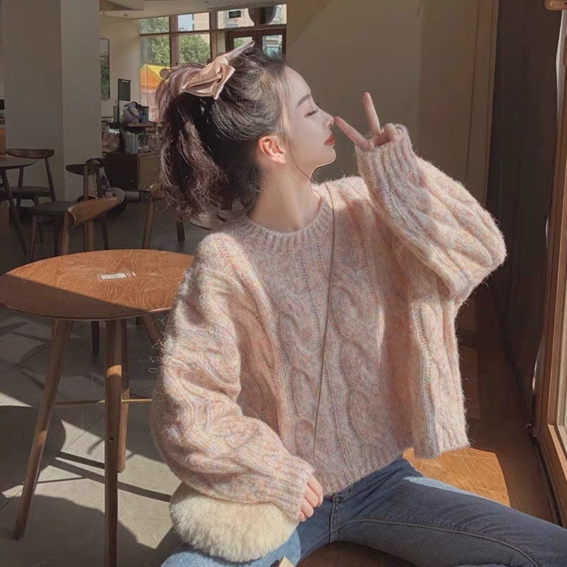 Pink Lazy Wind Winter Womens Clothing Sweater Korean Fashion Leisure Loose Wild Vintage Crew Neck Knitting Pullover Tops 220817