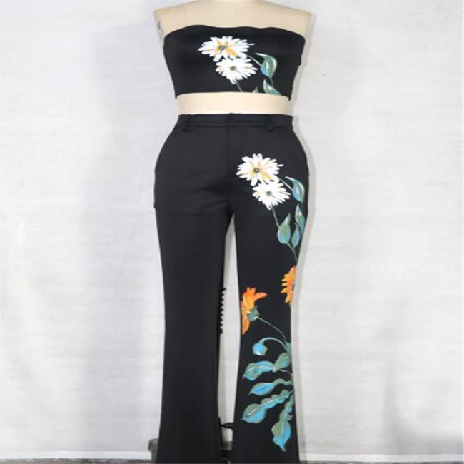 2022 Women's Two Piece Pants Sets Women Long Trench Coat Sets Autumn Winter Fashion Temperament Print Flower Windbreaker Wide Leg Trousers Suit