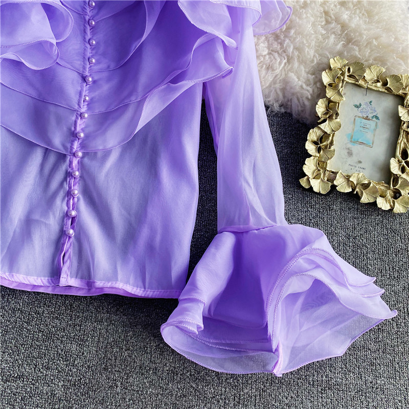 Women Shirt 2024 Spring Autumn French Palace Style Ladies Super Fairy Layered Ruffled Organza Flared Sleeve Blouses