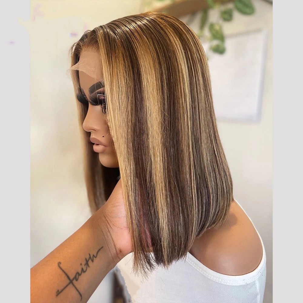Highlight Short Bob Human Hair Wig Brazilian Straight Lace Frontal Wig For Women Ombre Brown Synthetic Closure Wigs