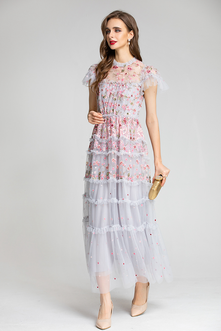 Women's Runway Dresses O Neck Short Sleeves Embroidery Ruffles Layered Printed Elegant Party Evening Prom Gown