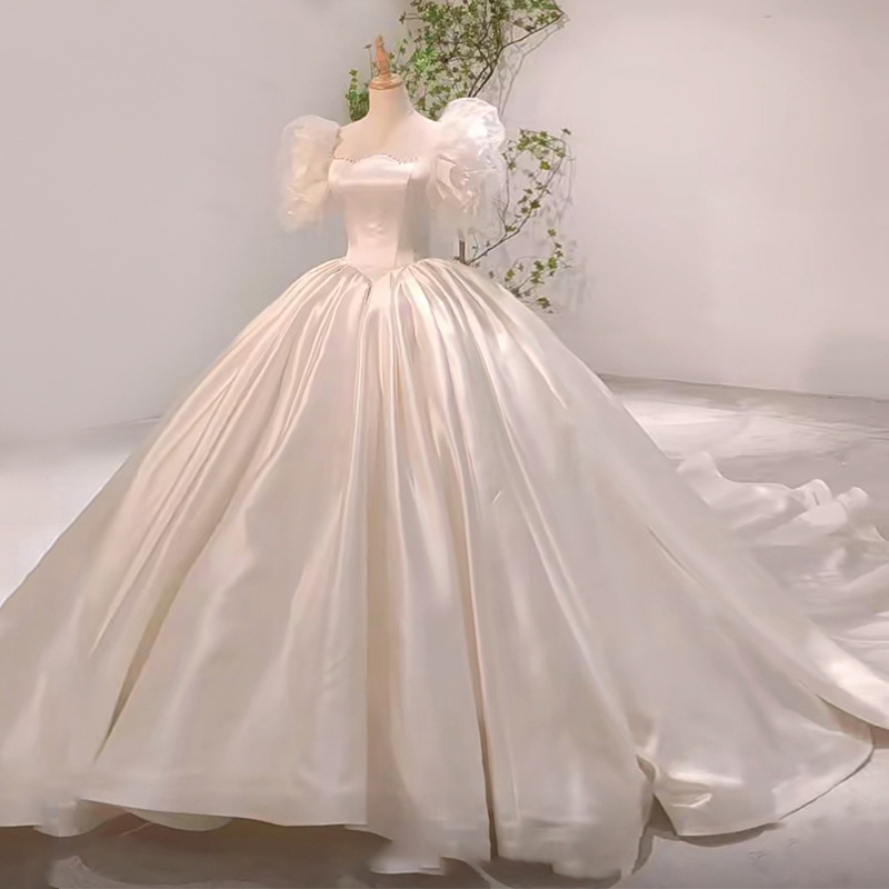 Princess Boho Wedding Dress With Pearls Puff Sleeves Real Picture Ball Gown Soft Satin Country Wedding Dresses For Women Elegant Bohemian Garden Bride