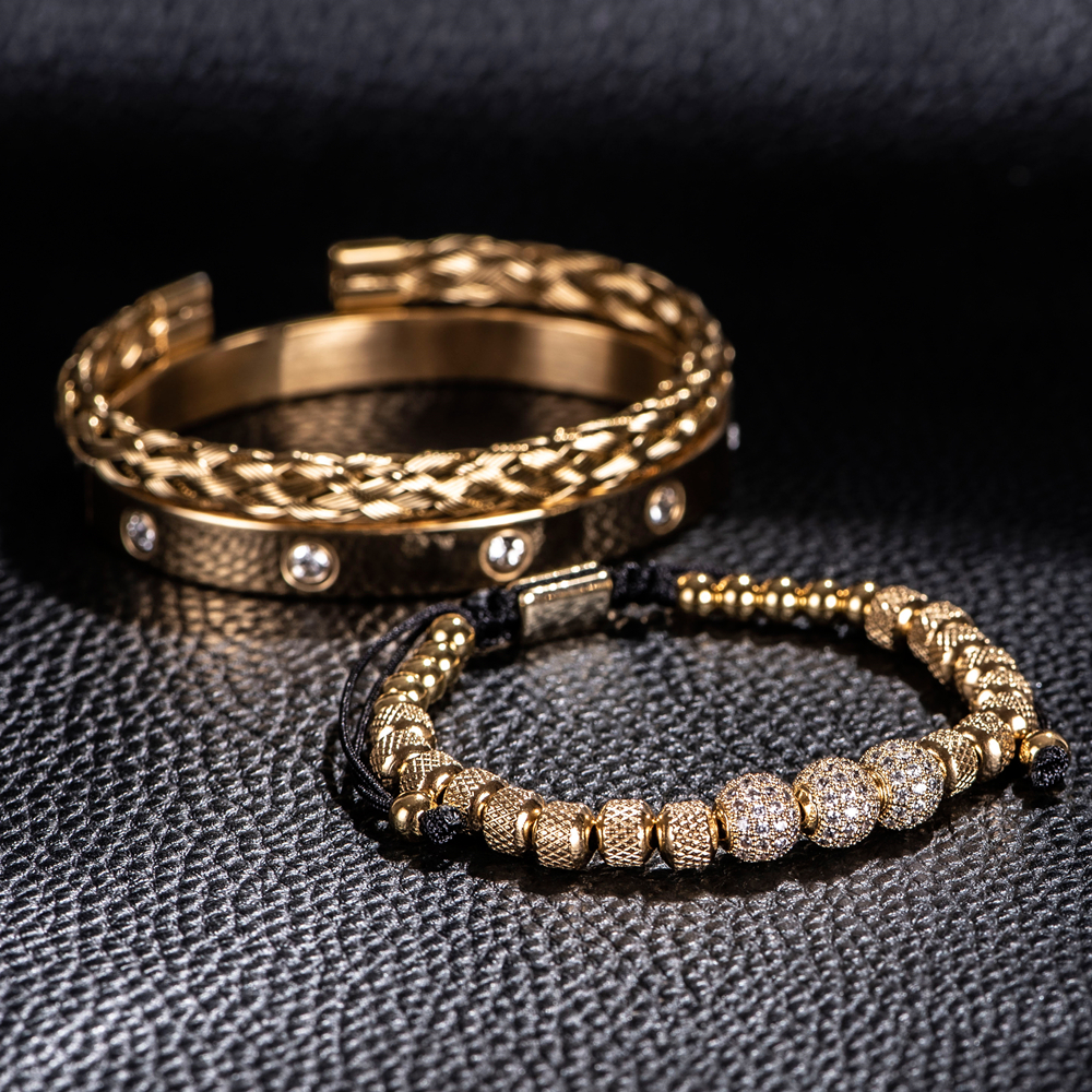 3pcs Luxury Micro Pave CZ Round Beads Royal Charm Men Link Bracelets Stainless Steel Crystals Bangles Couple Handmade Jewelry Gift