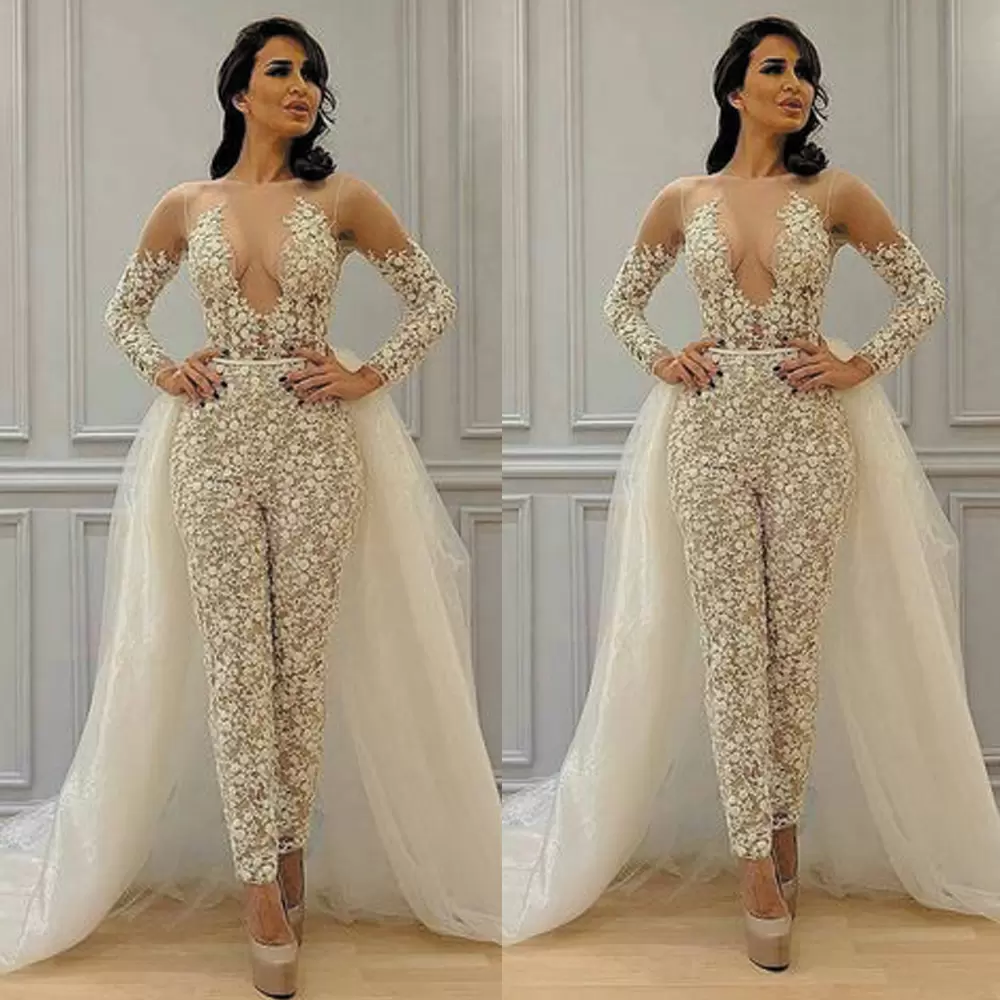Modest Detachable Skirt Jumpsuit Wedding Dresses Bridal Gowns Lace Applique Long Sleeve Elegant Pant Suit for Women Vestidos