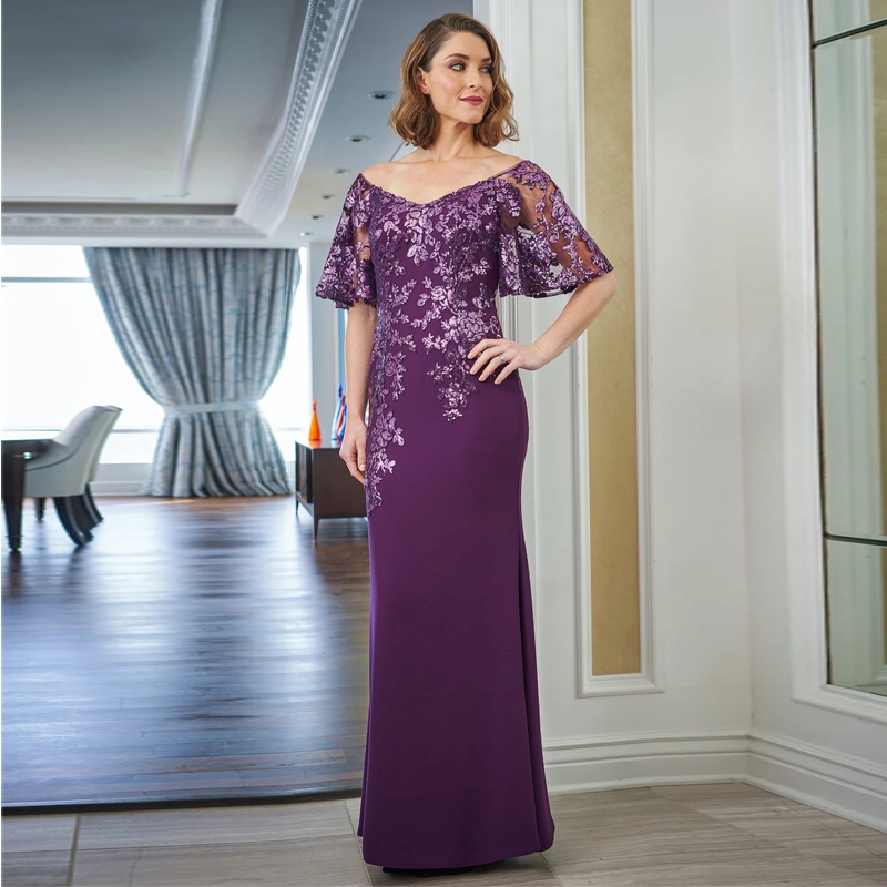Purple Grape Mermaid Mother's Dress V Neck Short Sleeve Formal Gown Sequined Appliques Satin Wedding Guest Dresses 326 Es Es