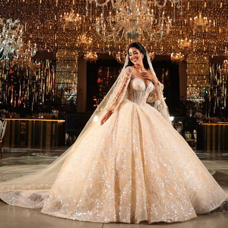 Princess Ball Gown Wedding Dresses Bridal Gowns V Neck Lace Strapless Long Sleeve Appliqued Sequins or Length Train Plus Size Robe De Mariee Custom Ma