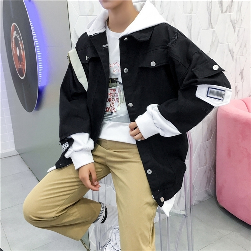 Wholesale Spring autumn pink denim cotton jacket men's hooded loose handsome teenagers jacket male students loose coat 201116