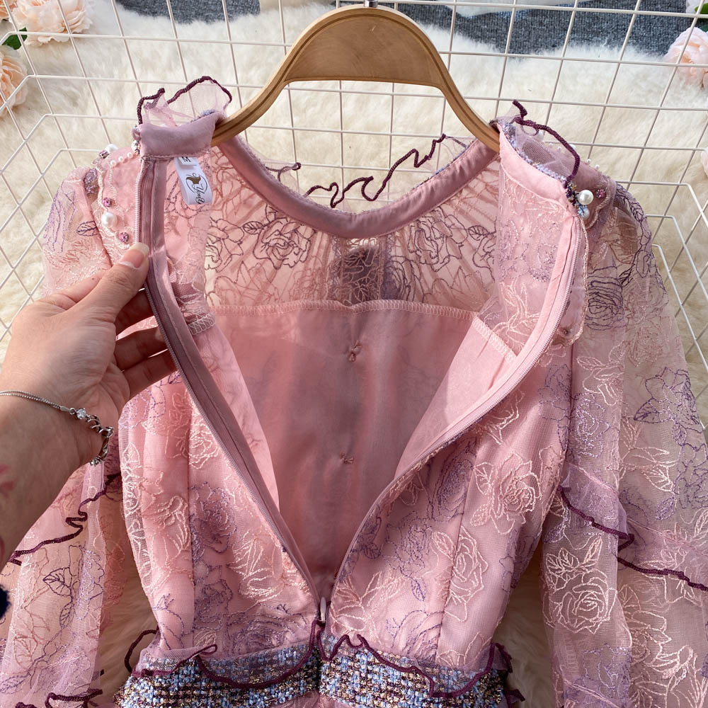 Floral French Style Long Dress Summer Women Zipper Beading Long Sleeves Embroidery Ladies A Line Slim