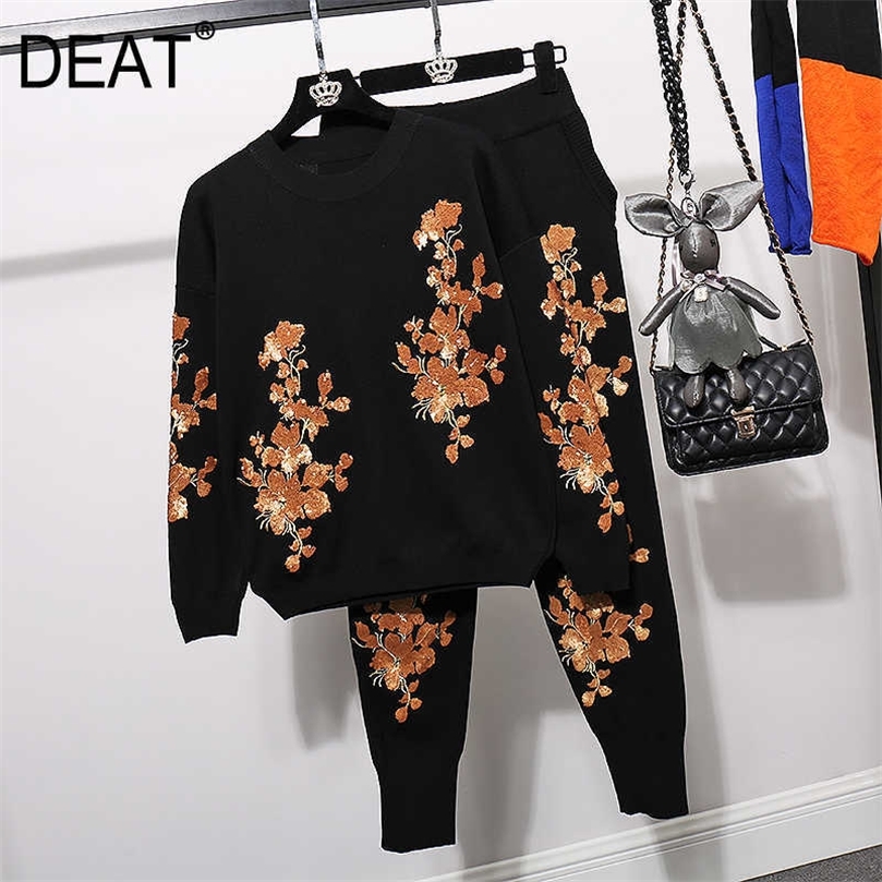 DEAT Women Knitting Embroidery Personality Long Pants Arrivals Two Piece Set Fashion Spring Autumn 11D424 210709