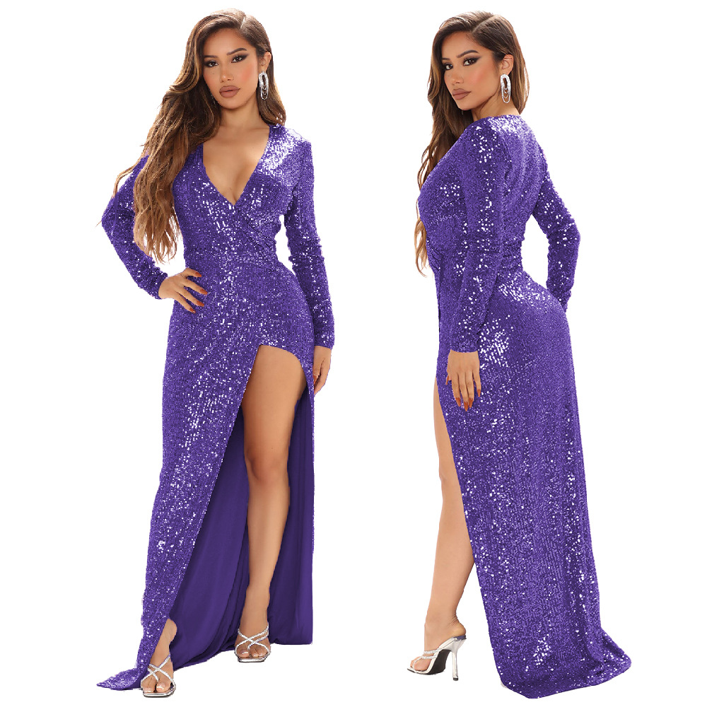 Sexy Purple Sequin Evening Dress 2022 V Neck Long Sleeve Prom Dresses With Front Slit Sparkle Formal Dance Party Dress African Black Girls Special Occ