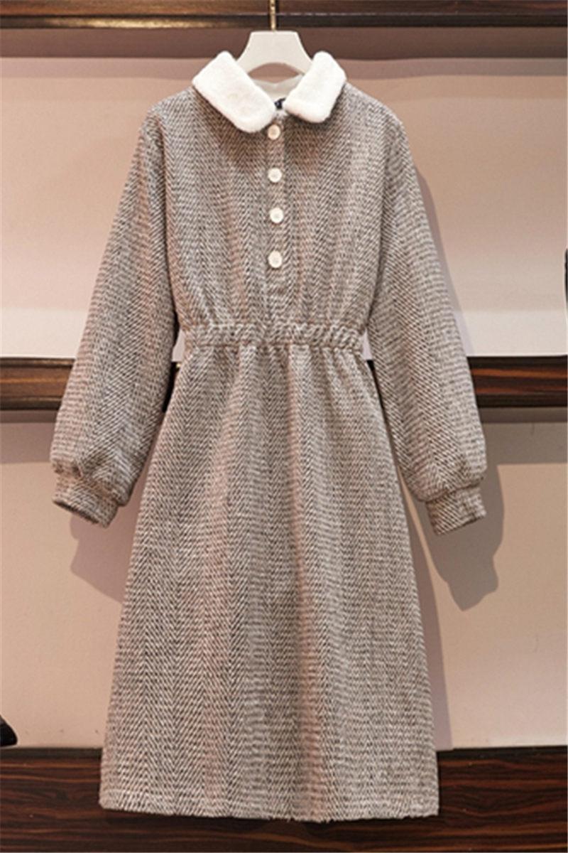 Casual Dresses Autumn Winter Large Size Womens Woolen Dress Fashion Buckle Retro Temperament Slim Femme Vestidos