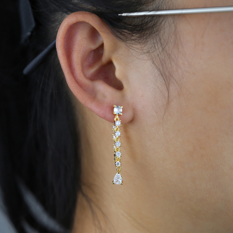 Dangg Hoop Tassel Chain Earrings: 2.5mm CZ Water Drop Double Sided Jewelry for Women