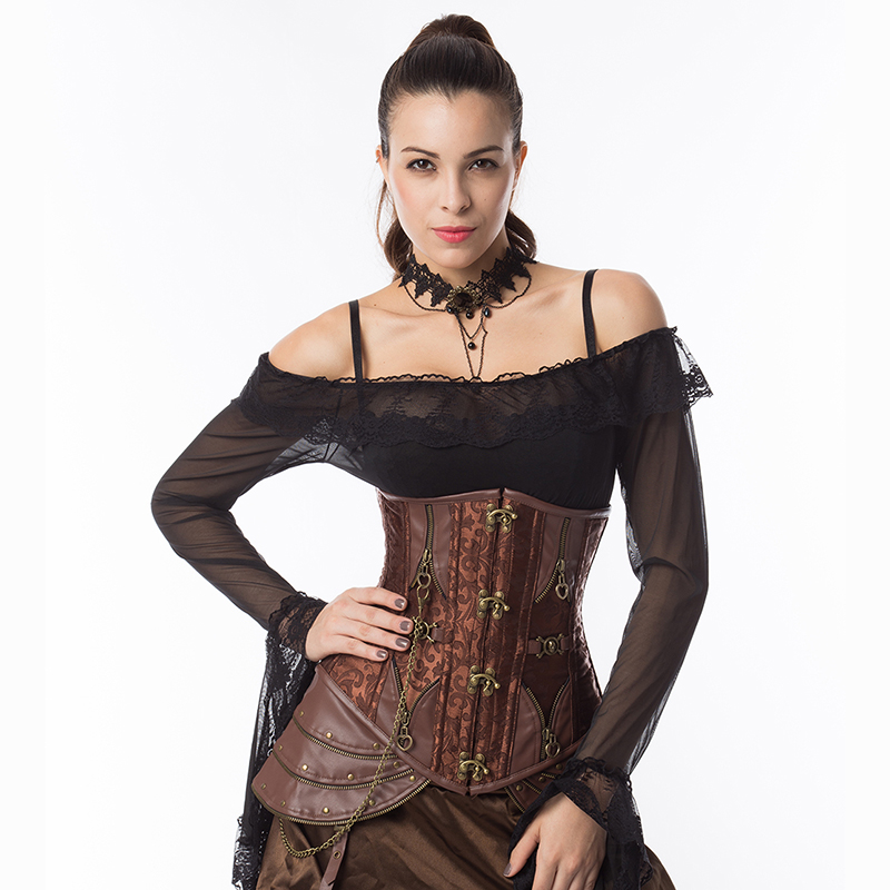 Retro Steampunk Underbust Corset Brown Brocade Jacquard Slimming Belly Sheath Waist Trainer Cincher Women Steel Bone Leather Body Shaper S-3XL