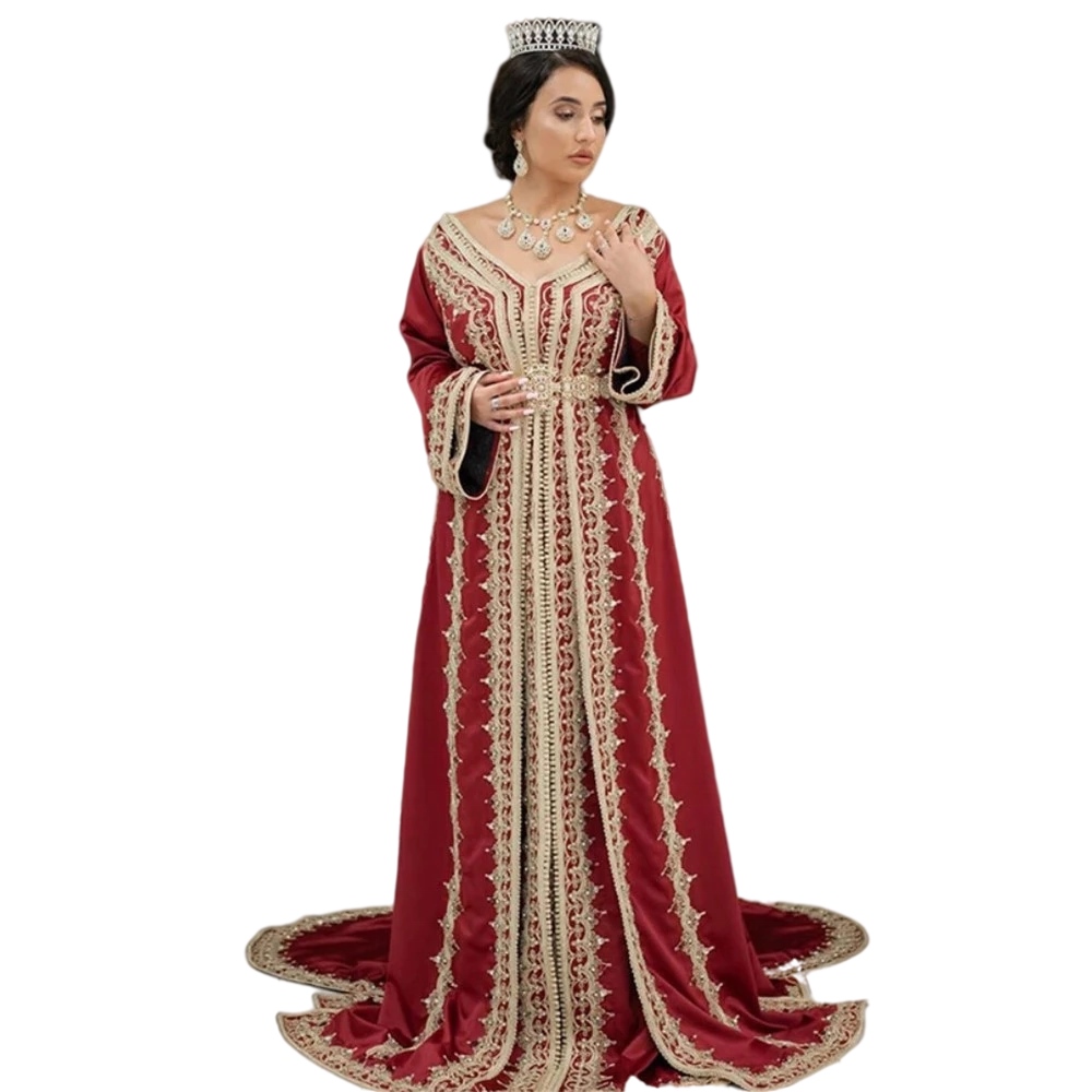 Dark Red Moroccan Caftan Evening Dresses gold Embroidery Appliques Long Full Sleeve Arabic Kaftan Muslim Party prom Dress