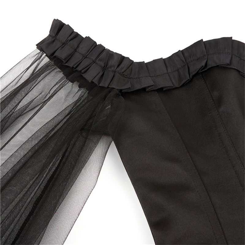 Black Satin Overbust Corset Top with Court Neck and Long Mesh Sleeves Lolita 2022 New Victorian Steel Bones Shaper Bustiers