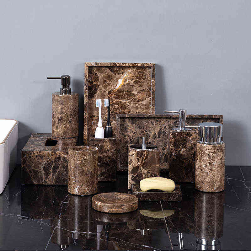 Emperador Dark Natural Marble Bathroom Set Deep Brown Luxury Toothbrush Holder Soap Dish Soap Dispenser Bathroom Kit H220418
Emperador Dark Natural Marble Bathroom Set Deep Brown Luxury Toothbrush Holder Soap Dish Soap Dispenser Bathroom Kit H220418