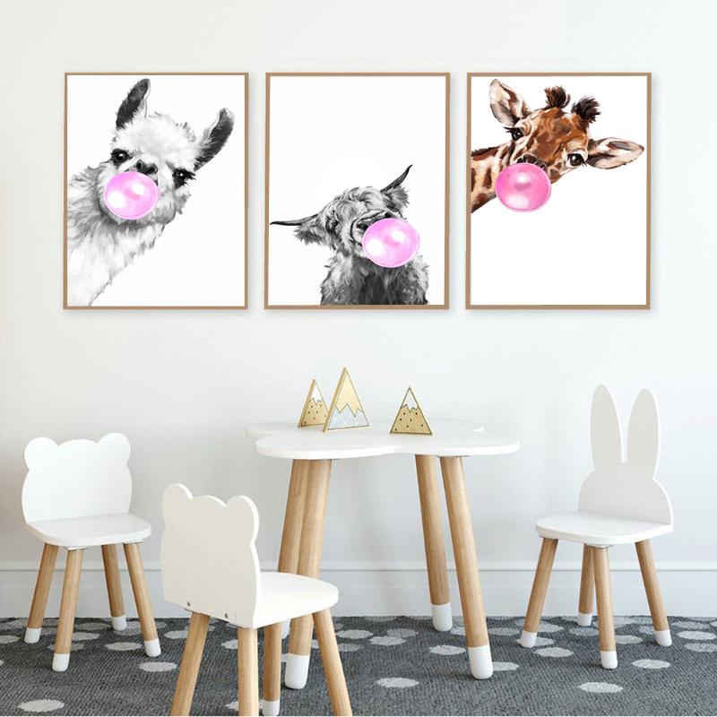 

Paintings Llama Print Bubble Gum Wall Art Highland Cow Giraffe Canvas Painting Animal Picture Nursery Kid Room Decor Funny Poster