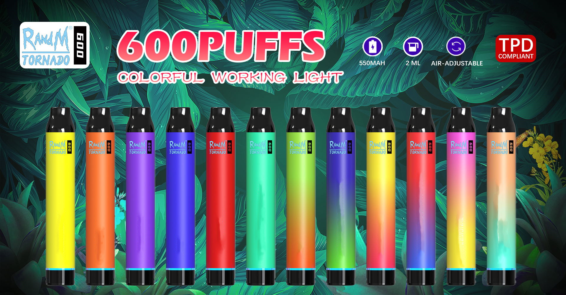 Original RandM Tornado Disposable Electronic Cigarette Starter Kit Strength 2% 3% 5% 600 Puffs TPD Certified Vape Pen 2ml Cartridge Adjustable Airflow RGB Flash Vape
Original RandM Tornado Disposable Electronic Cigarette Starter Kit Strength 2% 3% 5% 600 Puffs TPD Certified Vape Pen 2ml Cartridge Adjustable Airflow RGB Flash Vape