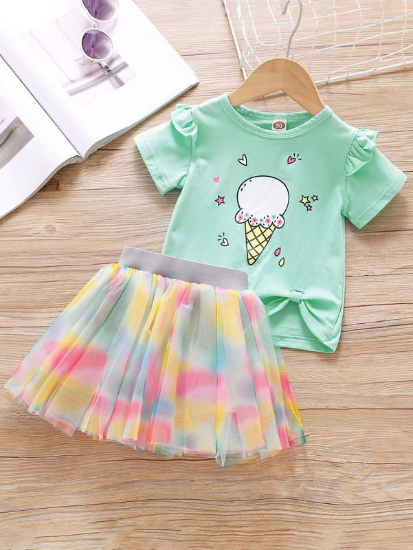 Toddler Girls Cartoon Graphic Ruffle Trim Tee & Tutu Skirt SHE
