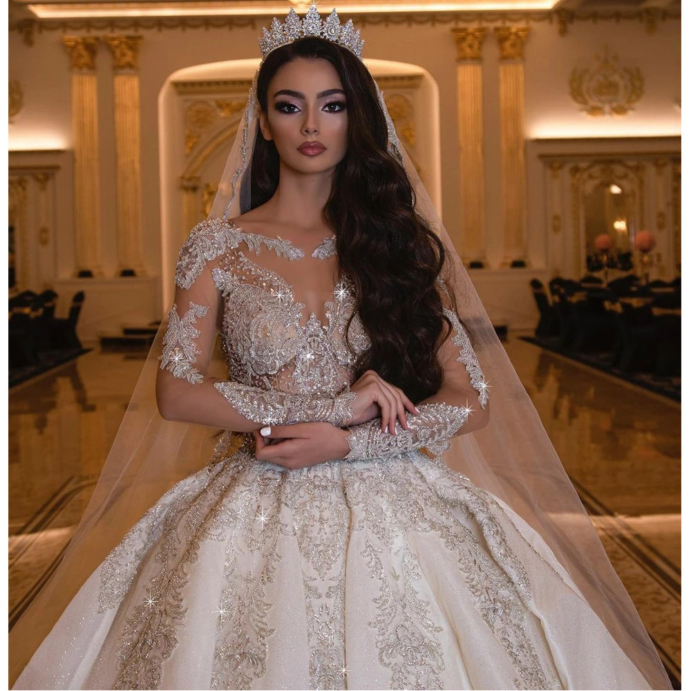 Luxurious Wedding Ball Dress Lace Sequined Long Sleeve Vintage Bridal Gowns Plus Size Elegant Dress Vestido De Novia
