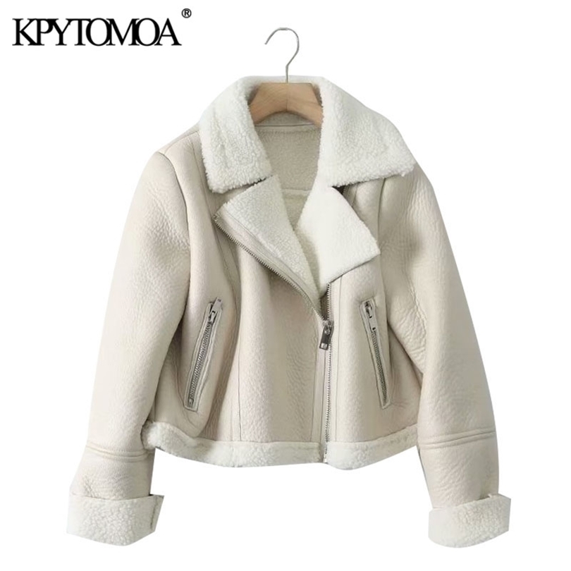 KPYTOMOA Women Fashion Thick Warm Winter Fur Faux Leather Cropped Jacket Coat Vintage Long Sleeve Female Outerwear Chic Tops