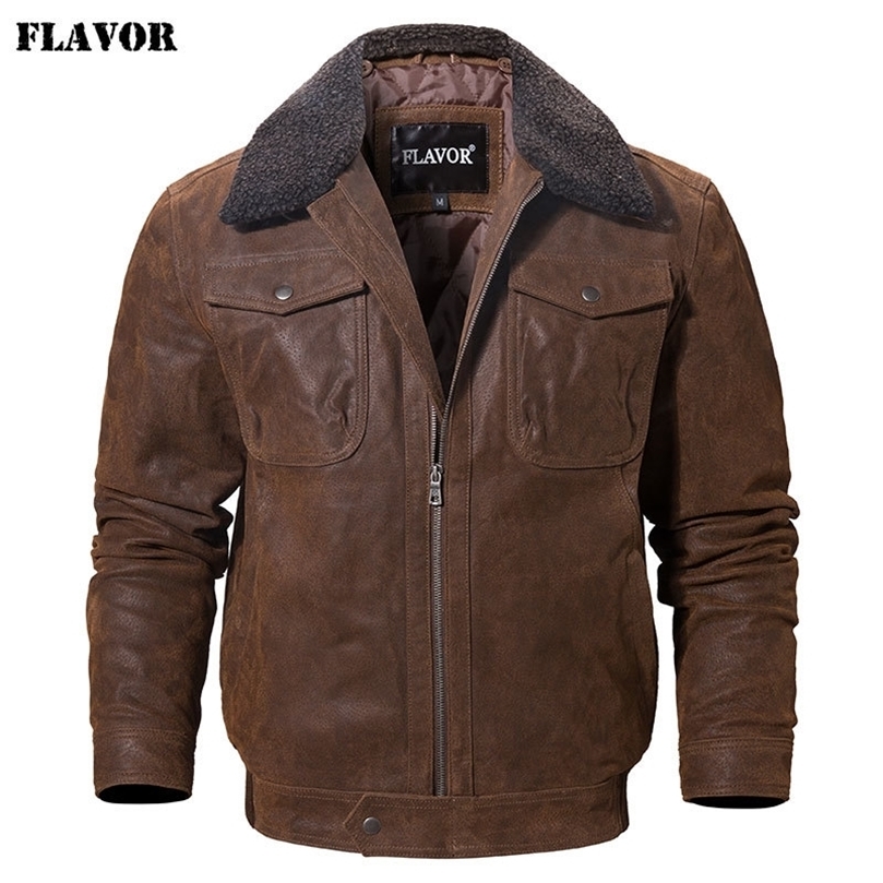 FLAVOR Men's Real Leather Jacket Genuine Leather jacket with faux fur collar male Motorcycle warm coat Genuine Leather Jacket 201128