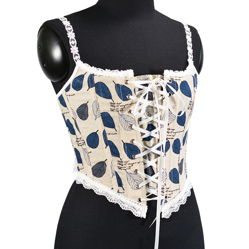 Women Blue Leaves Printed Lace Camis Cropped Corset Fashion Linen Tanks Vintage Plastic Boned Overbust Bustier Tupe Tops Cyber Baby Tee Ropa Fairycore